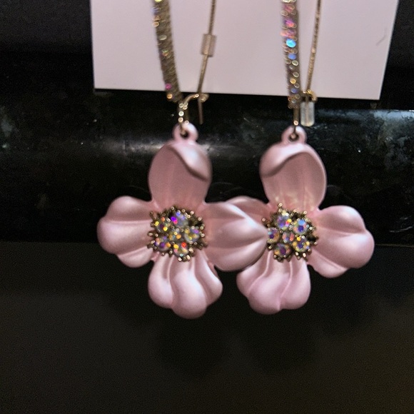 Betsey Johnson Gold Tone Pink Flower Drop Earrings with Stones - Picture 4 of 4
